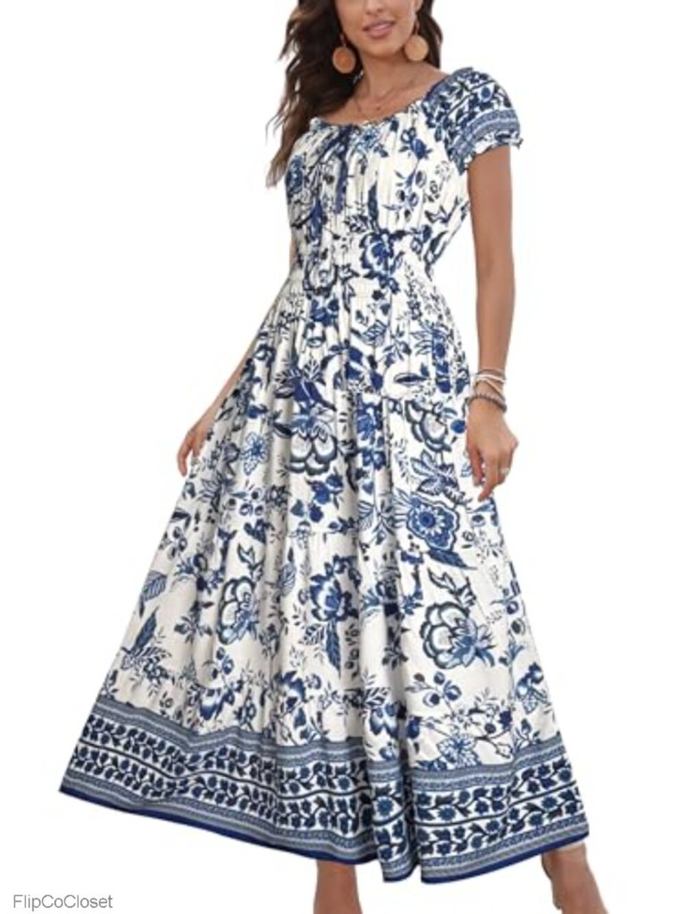 Boho Floral Maxi Dress Short Sleeve Tiered Flowy Summer Casual